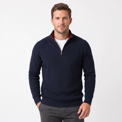 Men's Quarter-Zip Winter Sweater Ribbed Knit Contrast Collar Pullover