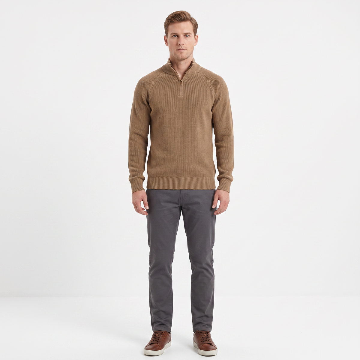 Men's Quarter-Zip Winter Sweater Ribbed Knit Contrast Collar Pullover