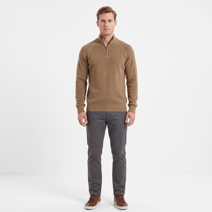 Men's Quarter-Zip Winter Sweater Ribbed Knit Contrast Collar Pullover
