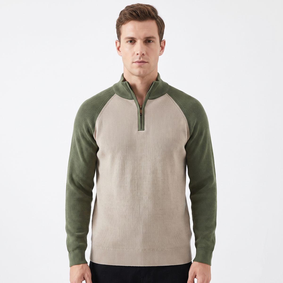 Men's Quarter-Zip Winter Sweater Ribbed Knit Contrast Collar Pullover