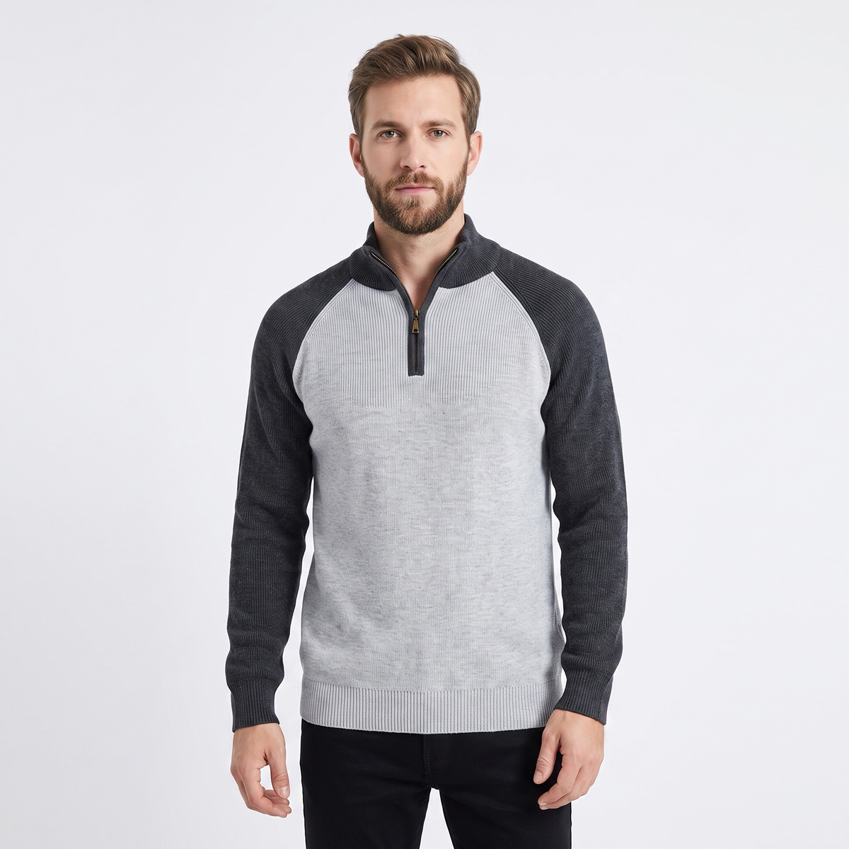 Men's Quarter-Zip Winter Sweater Ribbed Knit Contrast Collar Pullover