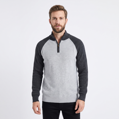 Men's Quarter-Zip Winter Sweater Ribbed Knit Contrast Collar Pullover