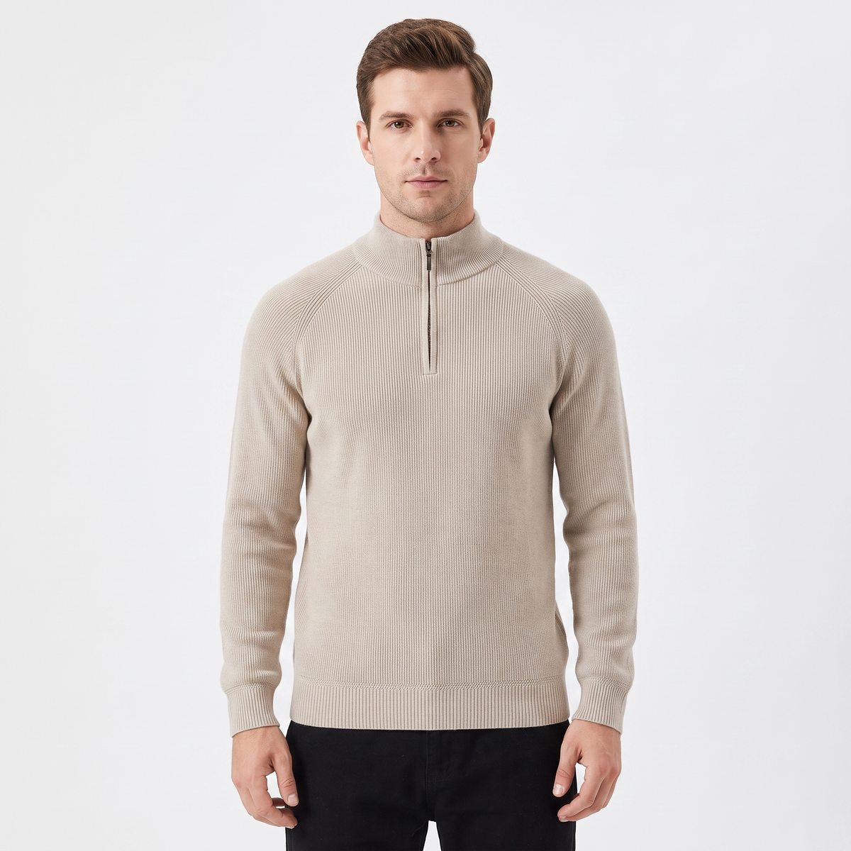 Men's Quarter-Zip Winter Sweater Ribbed Knit Contrast Collar Pullover