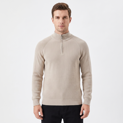 Men's Quarter-Zip Winter Sweater Ribbed Knit Contrast Collar Pullover