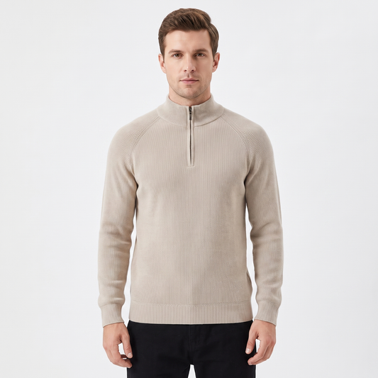 Men's Quarter-Zip Winter Sweater Ribbed Knit Contrast Collar Pullover
