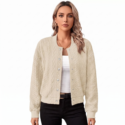 Women's Cable Knit Bomber Jacket Snap-Button Cropped Cardigan