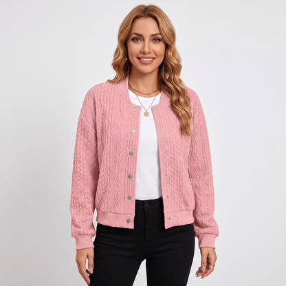 Women's Cable Knit Bomber Jacket Snap-Button Cropped Cardigan
