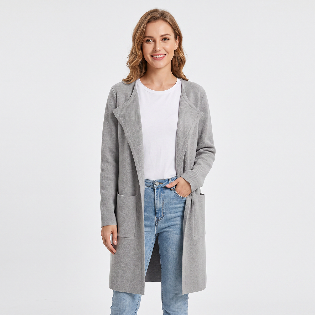 Women's Longline Cardigan Open-Front Knit Winter Coat with Pockets