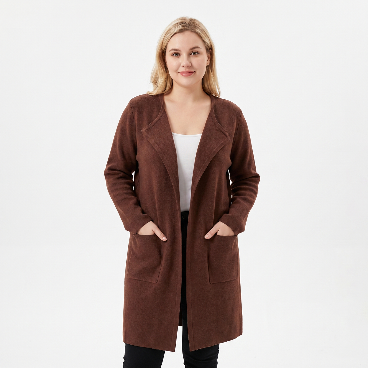 Women's Longline Cardigan Open-Front Knit Winter Coat with Pockets