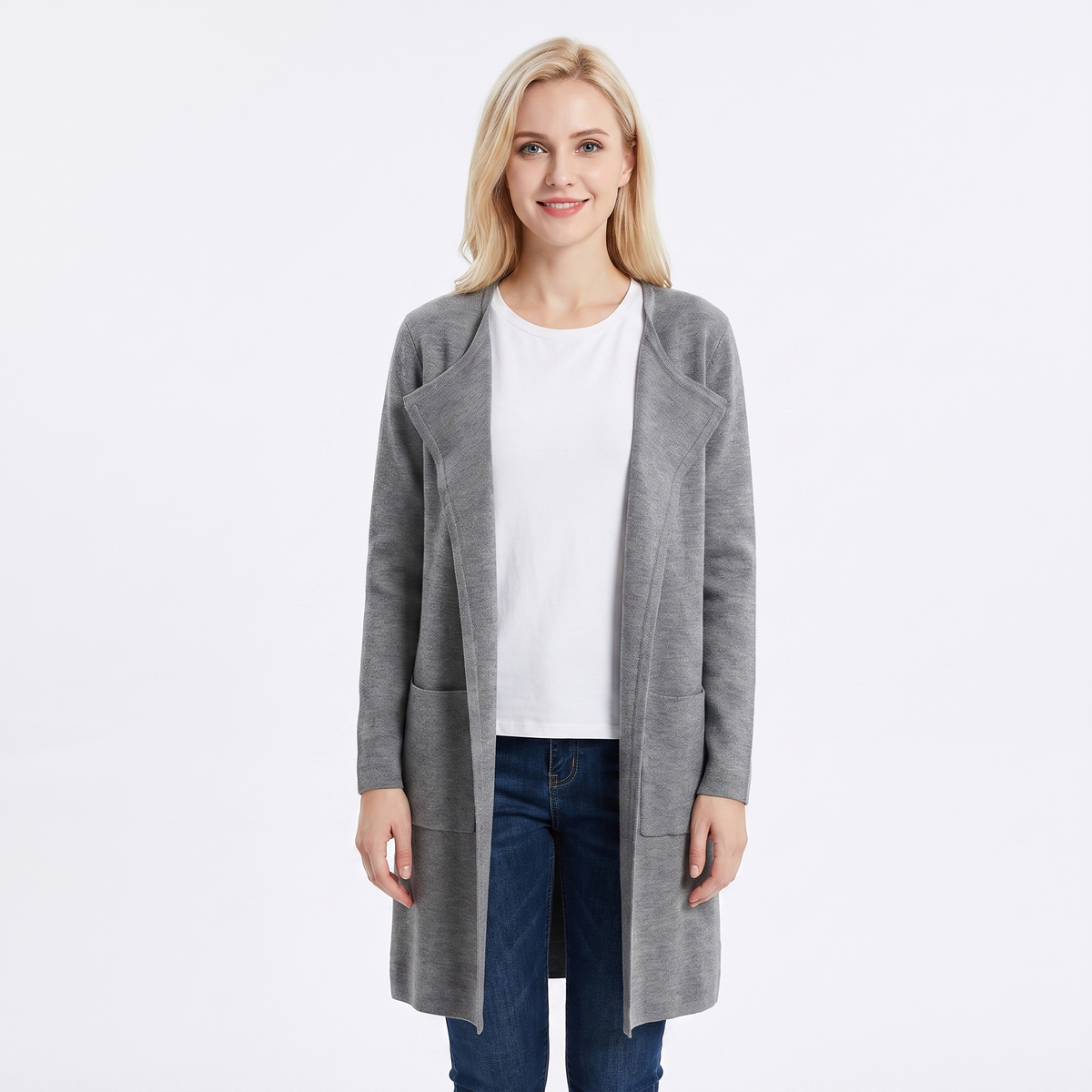 Women's Longline Cardigan Open-Front Knit Winter Coat with Pockets