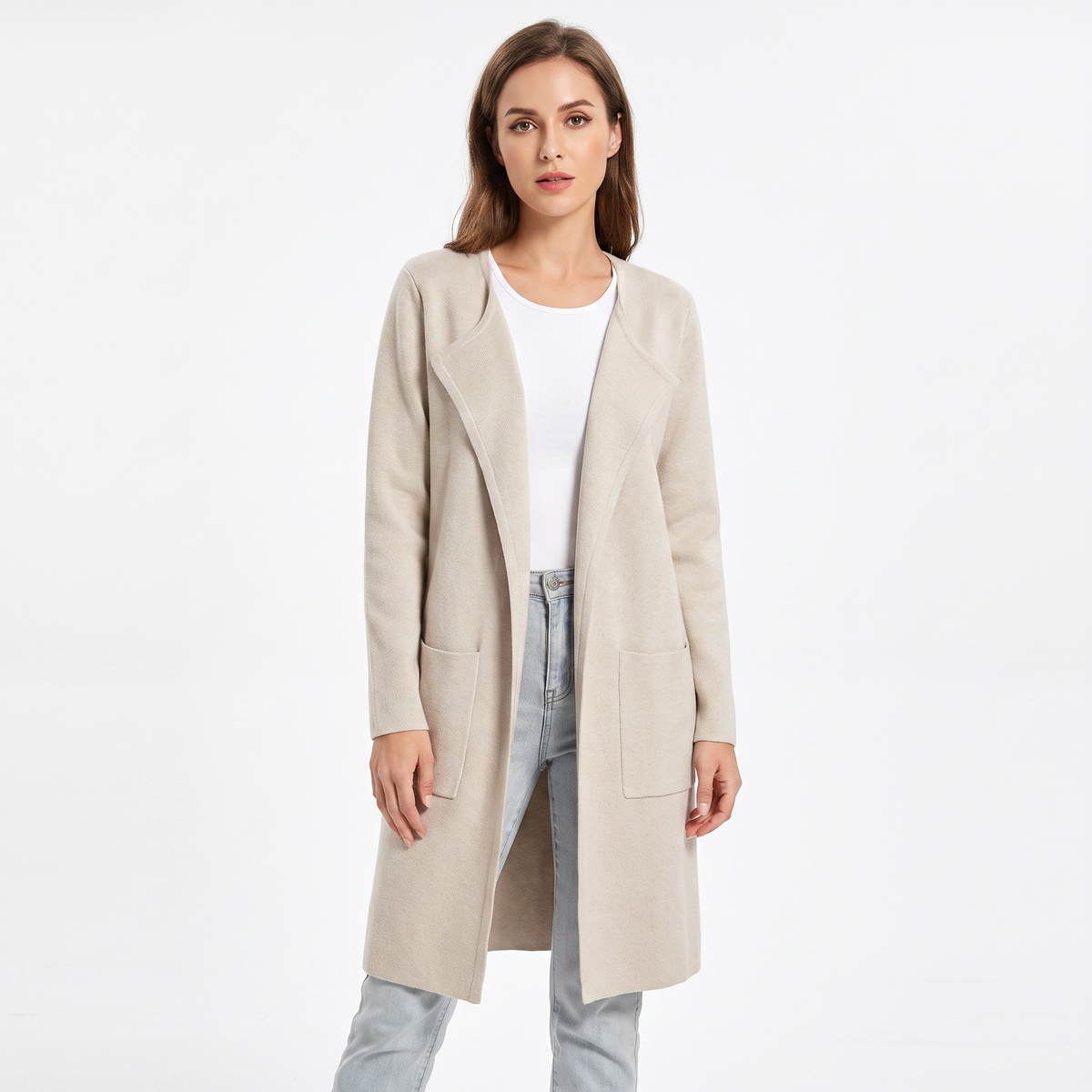Women's Longline Cardigan Open-Front Knit Winter Coat with Pockets