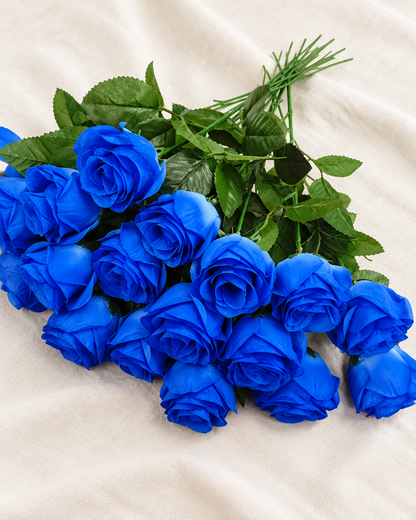 Royal Blue Artificial Rose Bouquet in royal blue, shown alone on a linen background