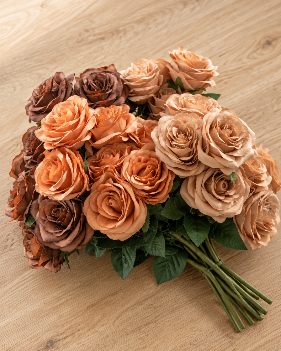 Close-up detail of the caramel brown artificial rose bouquet on an oak table