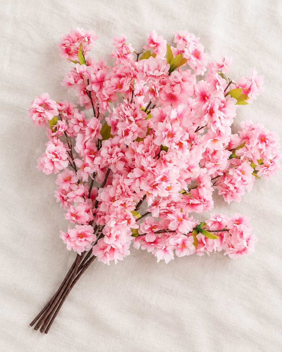 Pink Artificial Cherry Blossom Branch in pink, shown alone on a linen background