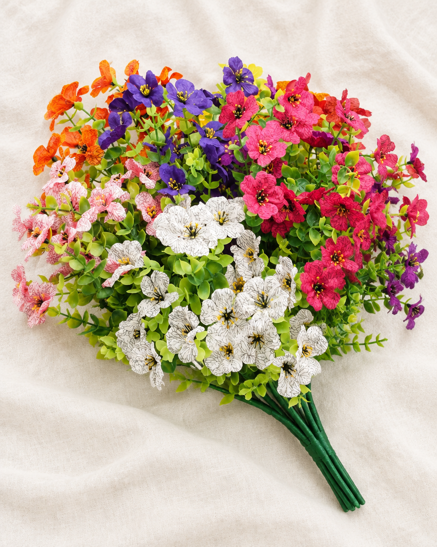 Colourful Artificial Wildflower Bouquet in multicolour, shown alone on a linen background
