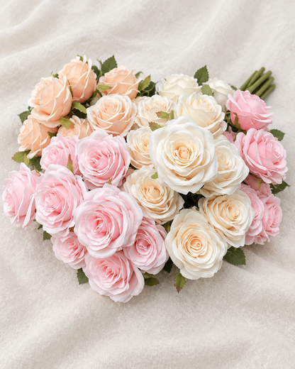 Pink & Champagne Artificial Rose Bouquet in pink & champagne, shown alone on a linen background