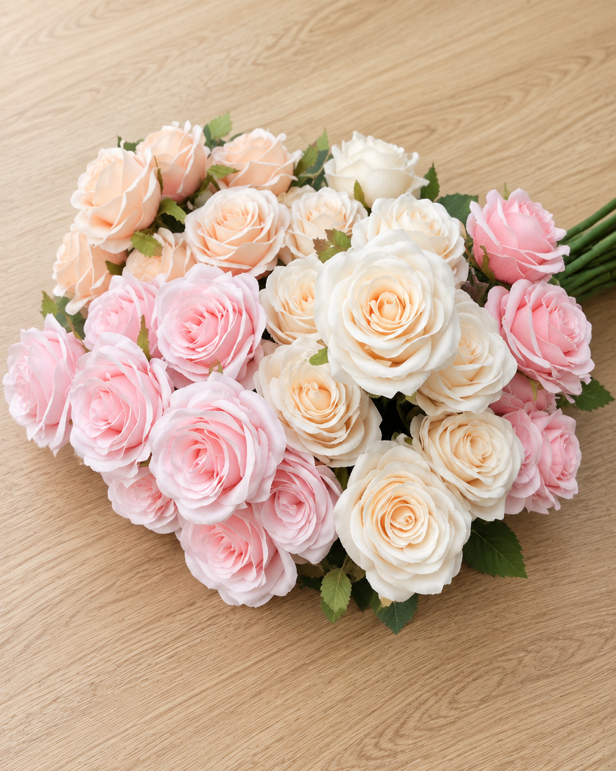 Close-up detail of the pink & champagne artificial rose bouquet on an oak table