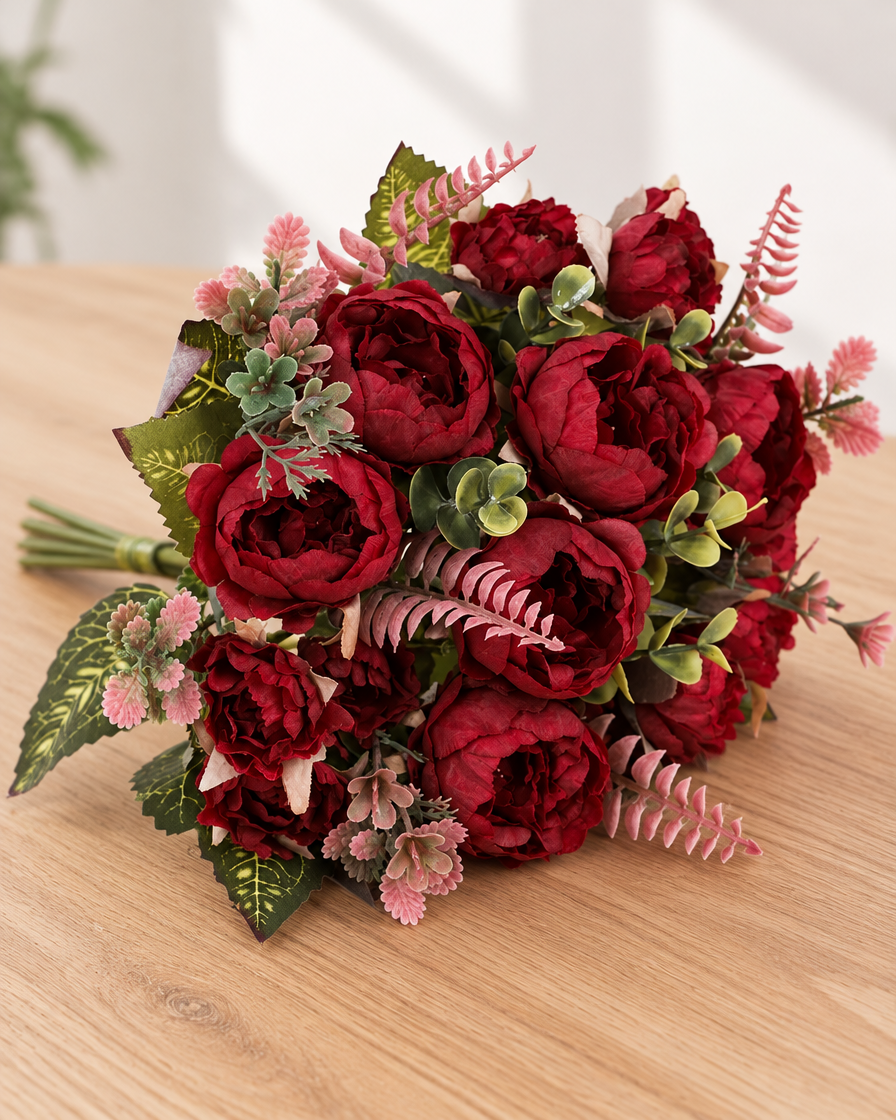 Close-up detail of the burgundy artificial peony bouquet on an oak table