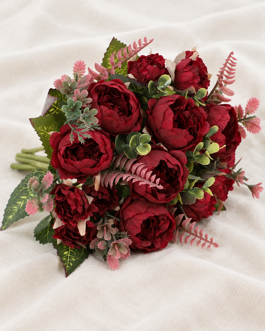 Burgundy Artificial Peony Bouquet in burgundy, shown alone on a linen background