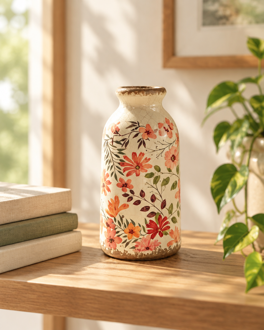 Floral Ceramic Vase, Cream & Pink on a wooden shelf
