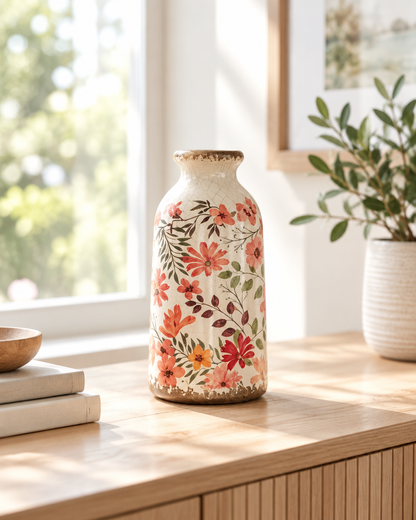 Floral Ceramic Vase, Cream & Pink on a console table