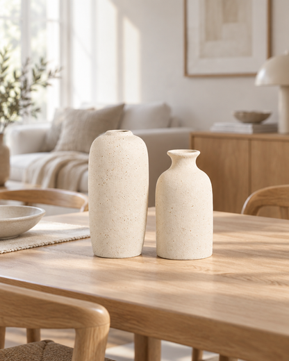White Scandinavian Ceramic Vase styled on a dining table