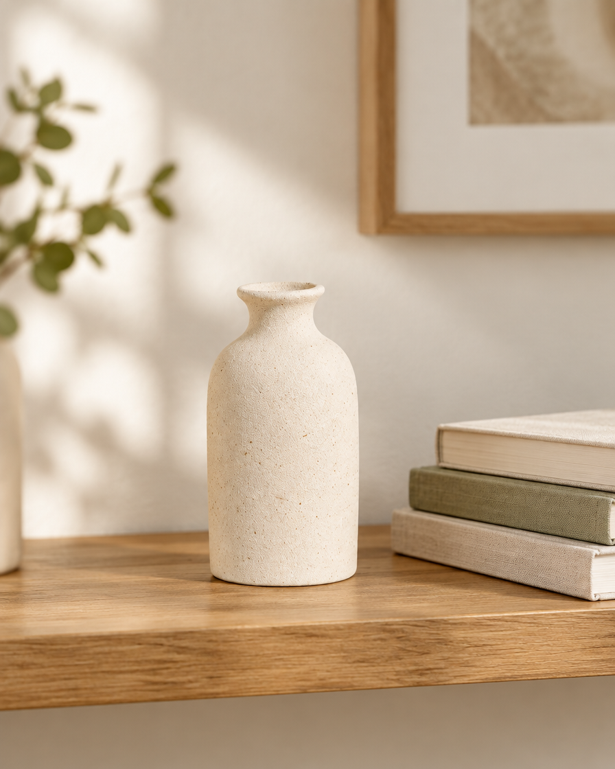 White Scandinavian Ceramic Vase on a wooden shelf