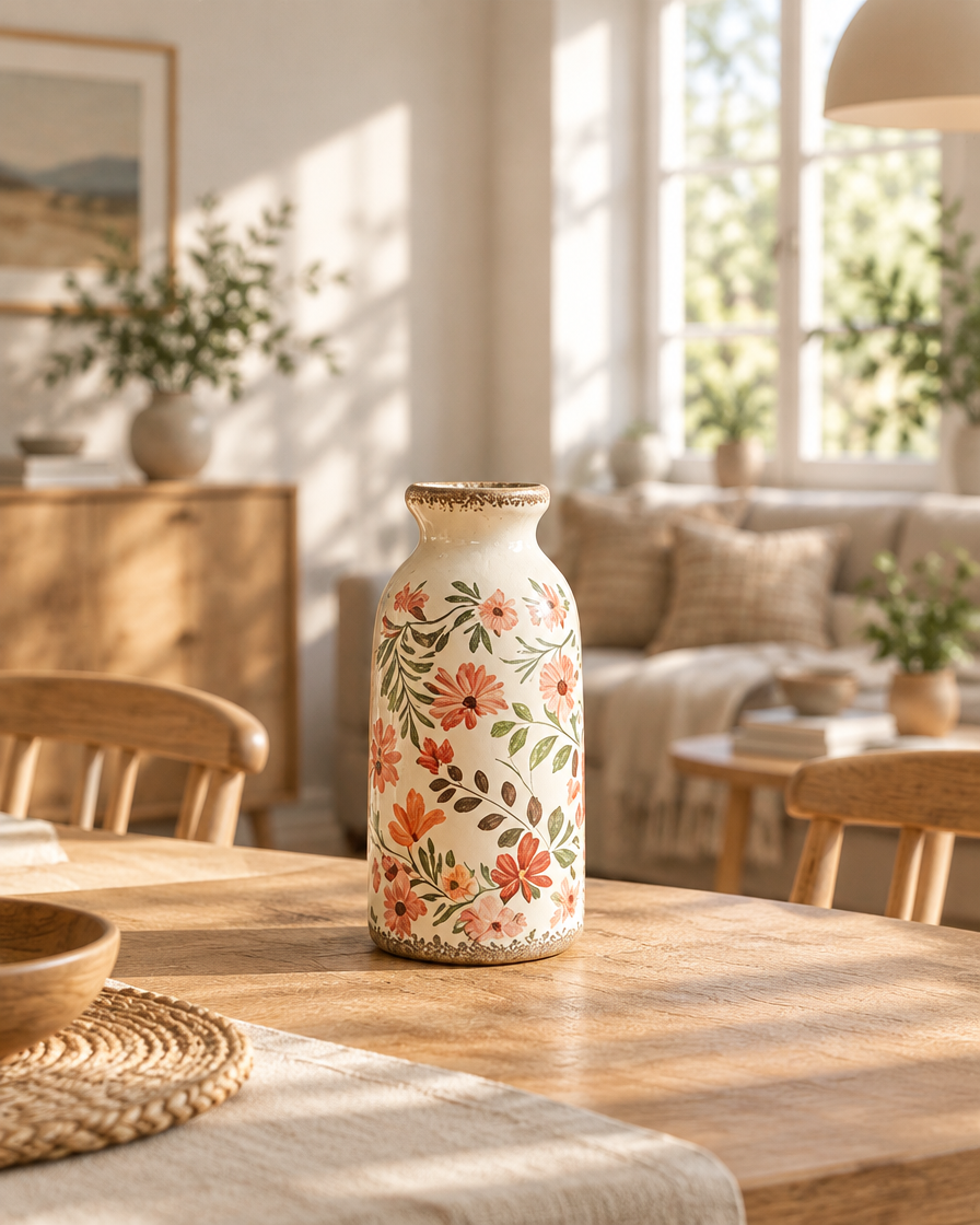 Vintage Floral Ceramic Vase, Small styled on a dining table