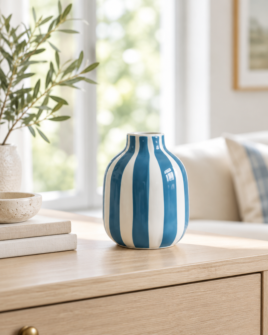 Blue & White Striped Ceramic Vase on a console table