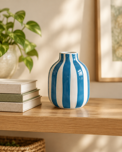 Blue & White Striped Ceramic Vase on a wooden shelf