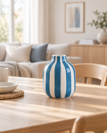 Blue & White Striped Ceramic Vase styled on a dining table