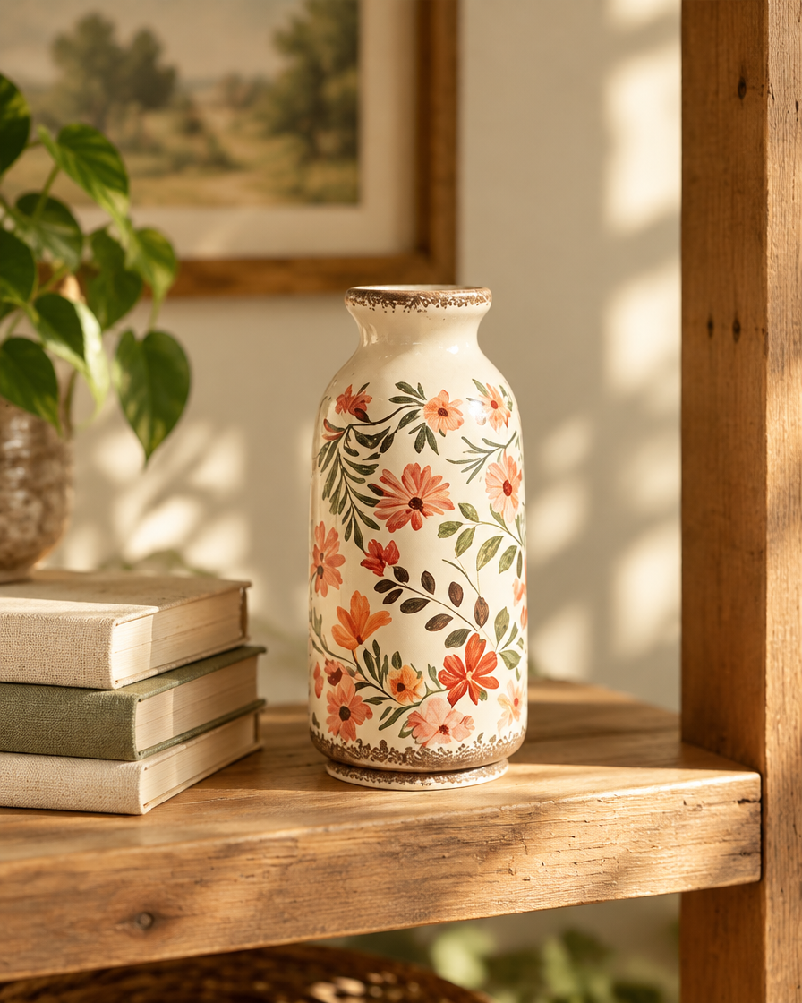 Vintage Floral Ceramic Vase, Small on a wooden shelf
