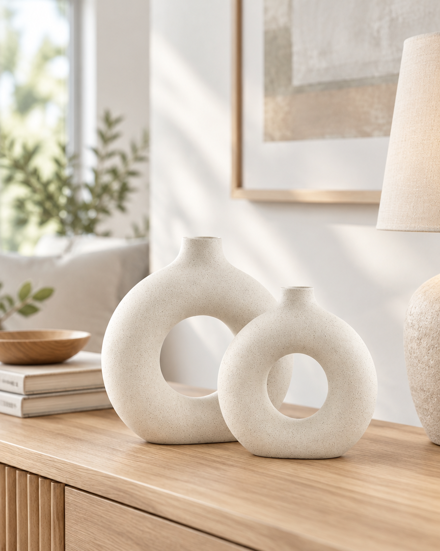 Nordic Donut Ceramic Vase, Beige on a console table