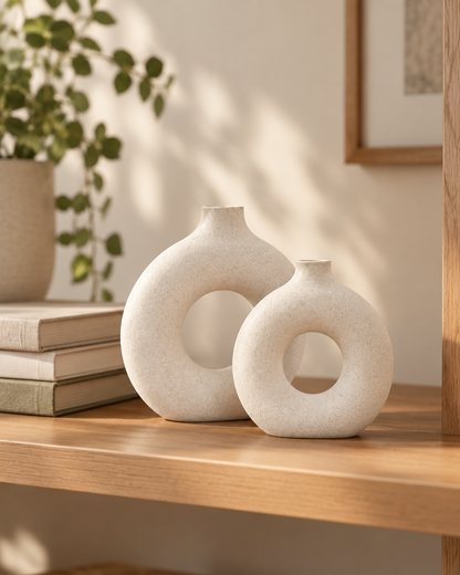 Nordic Donut Ceramic Vase, Beige on a wooden shelf