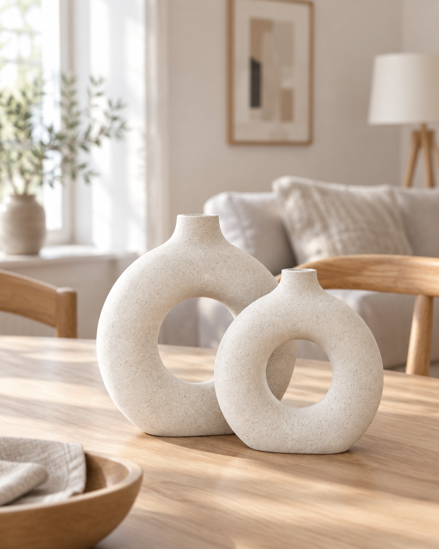 Nordic Donut Ceramic Vase, Beige styled on a dining table