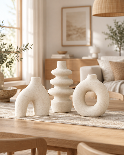 Boho Sculptural Ceramic Vase Set, Cream styled on a dining table