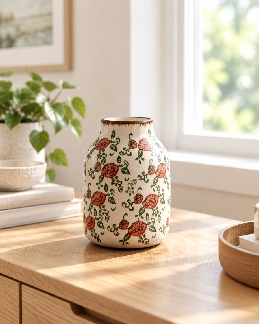 Small vintage red floral ceramic vase on a wooden console table by a window