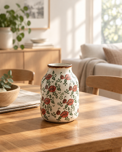Small vintage red floral ceramic vase on a sunlit wooden table with a sofa behind
