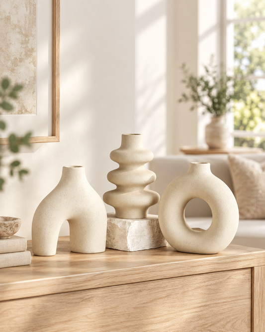 Boho Sculptural Ceramic Vase Set, Cream on a console table