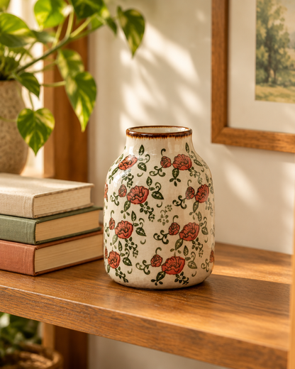 Small vintage red floral ceramic vase on a wooden shelf beside books and a plant