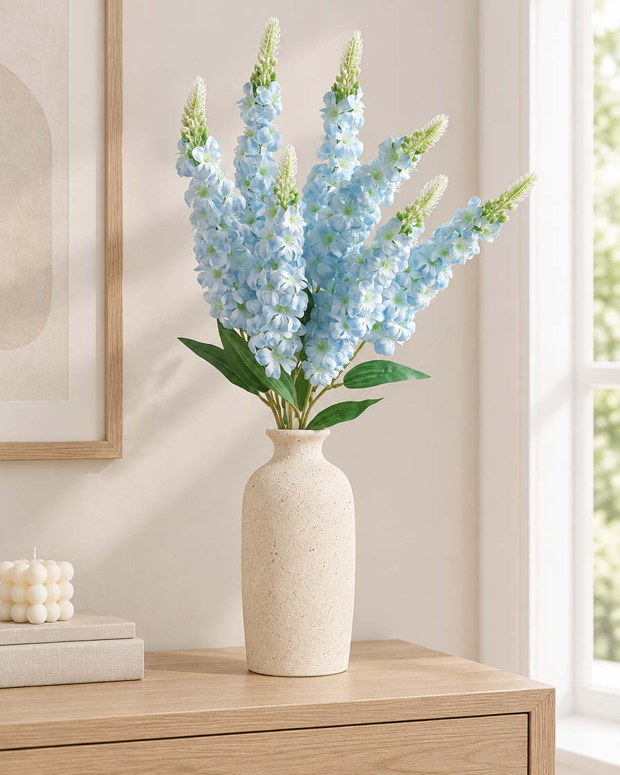 Light Blue Artificial Delphinium Flower Stems styled in a ceramic vase on a console table (vase sold separately)