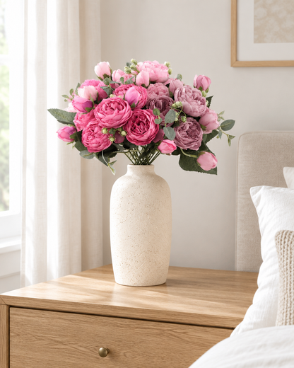 Pink Artificial Peony Bouquet styled in a ceramic vase on a dresser (vase sold separately)
