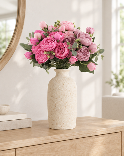 Pink Artificial Peony Bouquet styled in a ceramic vase on a console table (vase sold separately)