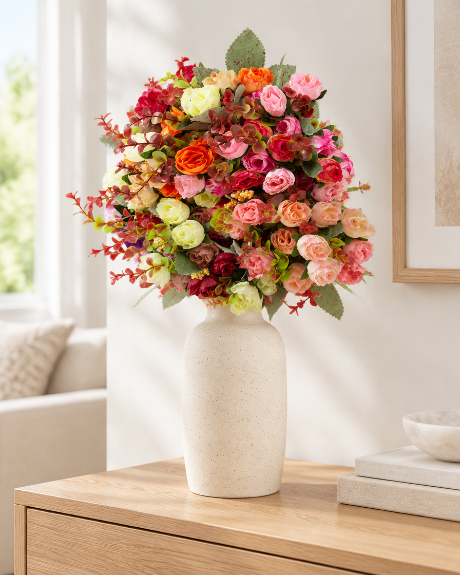 Mixed Red & Orange Artificial Rose Bouquet with Stems styled in a ceramic vase on a console table (vase sold separately)