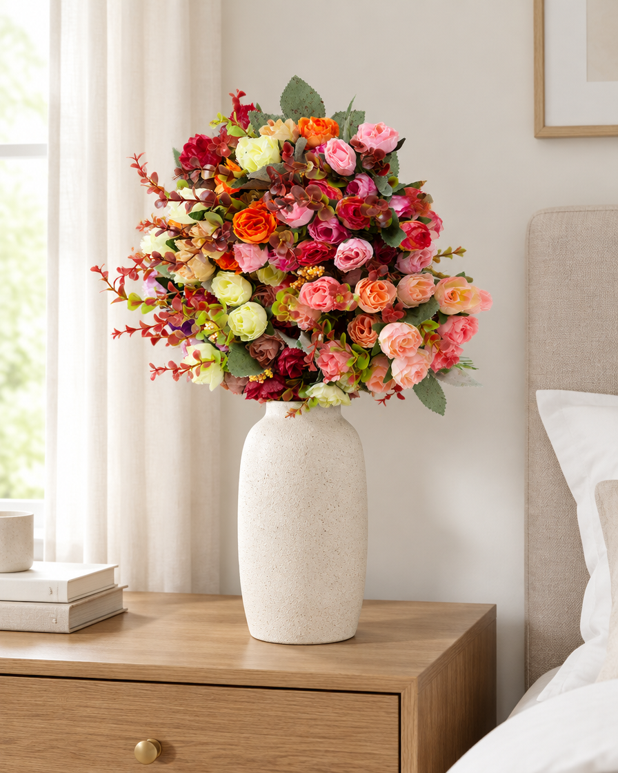 Mixed Red & Orange Artificial Rose Bouquet with Stems styled in a ceramic vase on a dresser (vase sold separately)