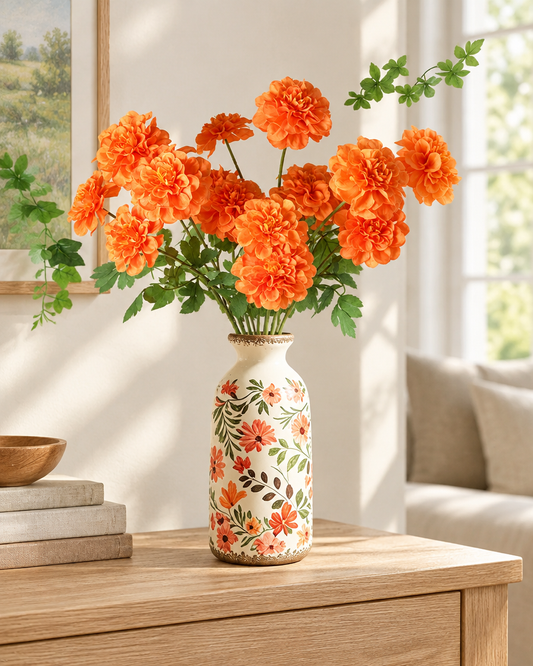 Orange Artificial Marigold Stems styled in a ceramic vase on a console table (vase sold separately)