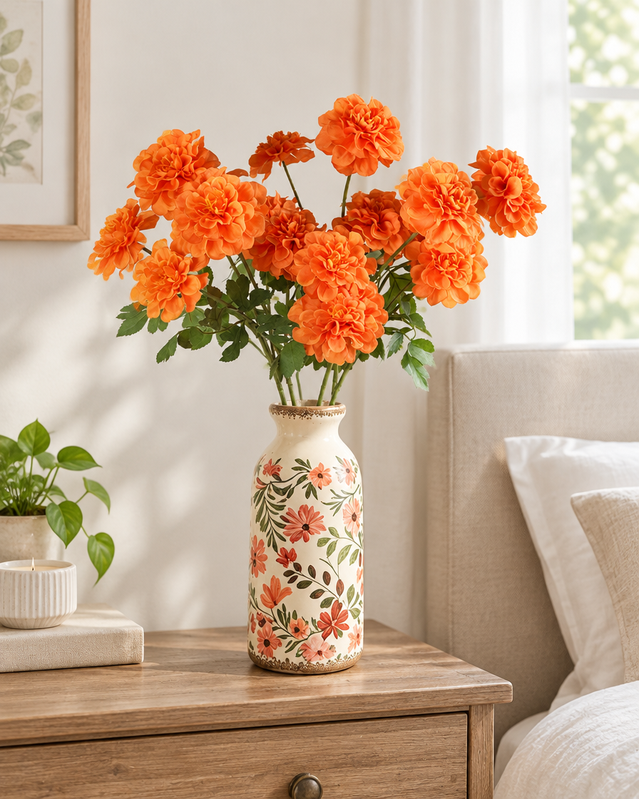 Orange Artificial Marigold Stems styled in a ceramic vase on a dresser (vase sold separately)