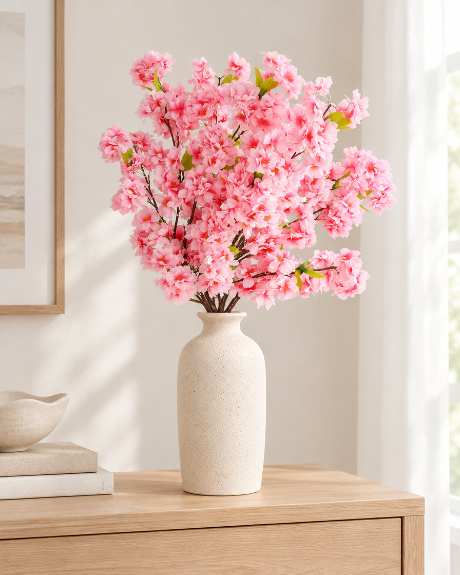 Pink Artificial Cherry Blossom Branch styled in a ceramic vase on a console table (vase sold separately)