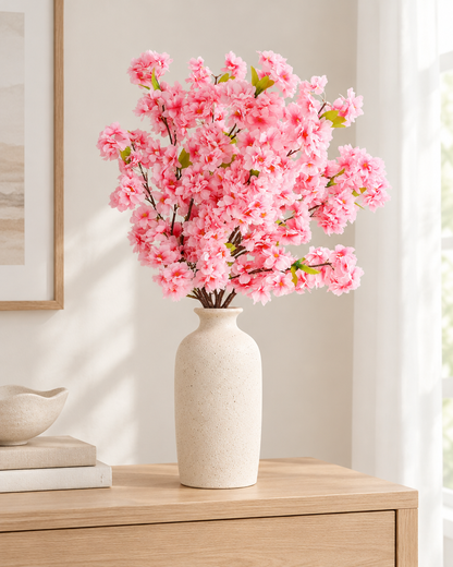 Pink Artificial Cherry Blossom Branch styled in a ceramic vase on a console table (vase sold separately)