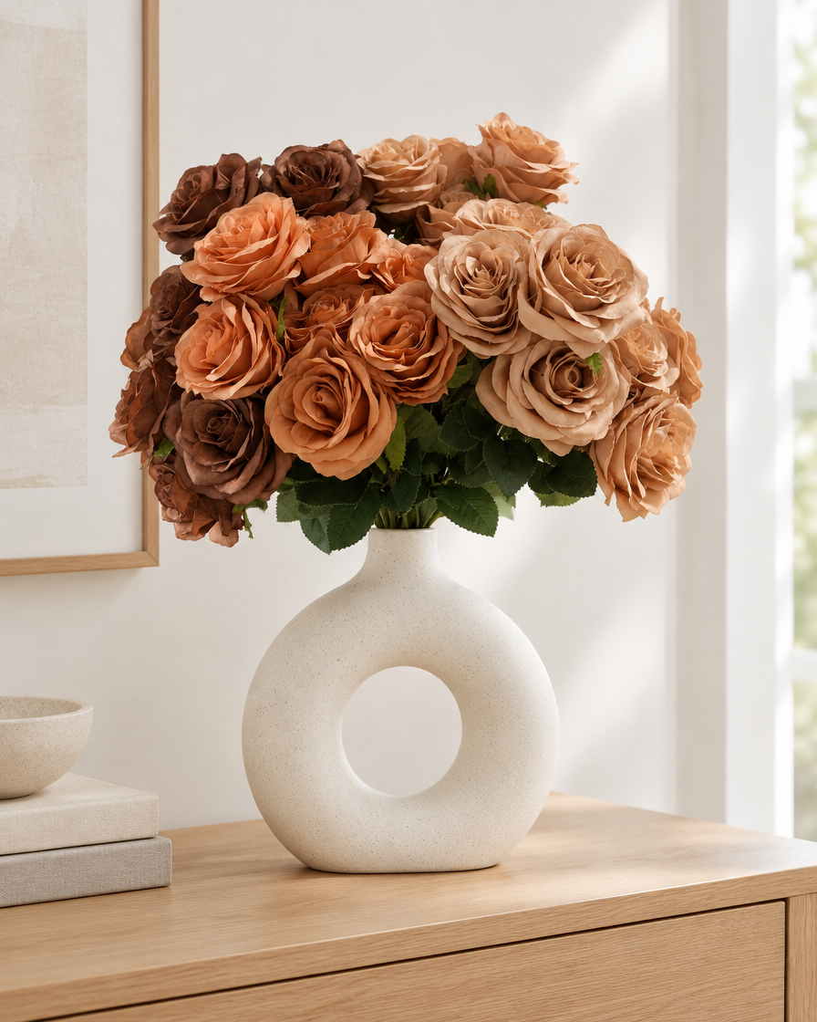 Caramel Brown Artificial Rose Bouquet styled in a ceramic vase on a console table (vase sold separately)